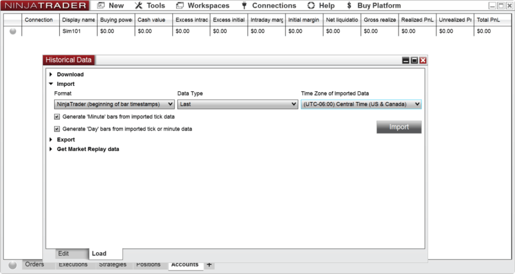 Import settings for tick data into NinjaTrader