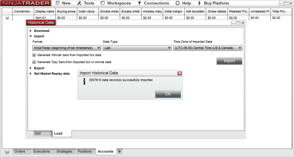 Tick data imported into NinjaTrader