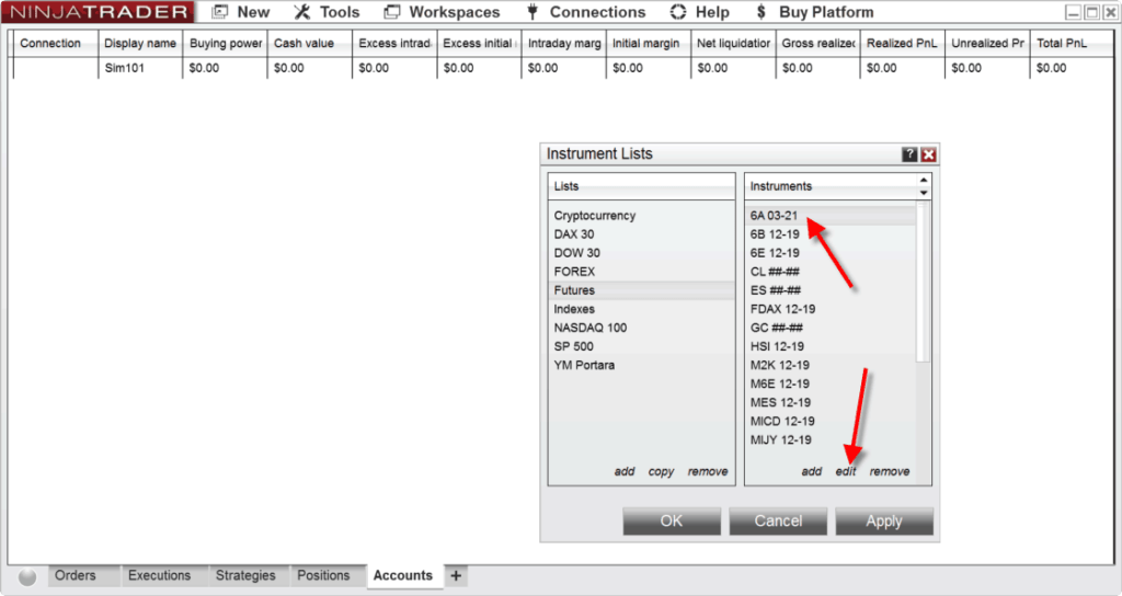 edit symbols within instrument list